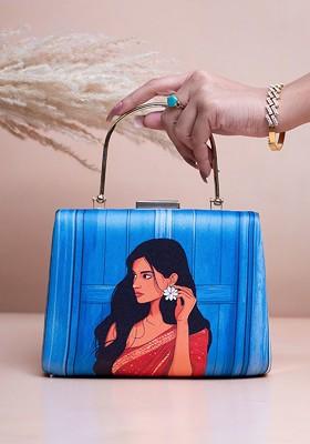 Blue Fabric Women Portrait Printed Box Clutch