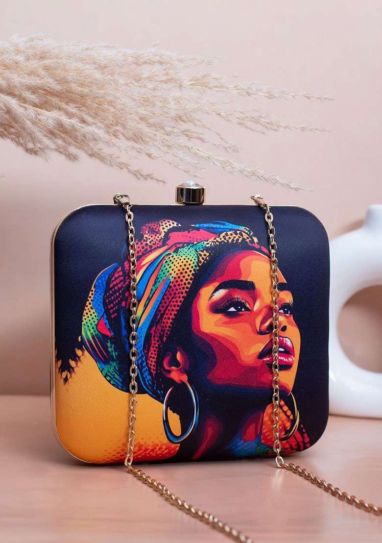 Blue Fabric Printed Box Clutch - Indya