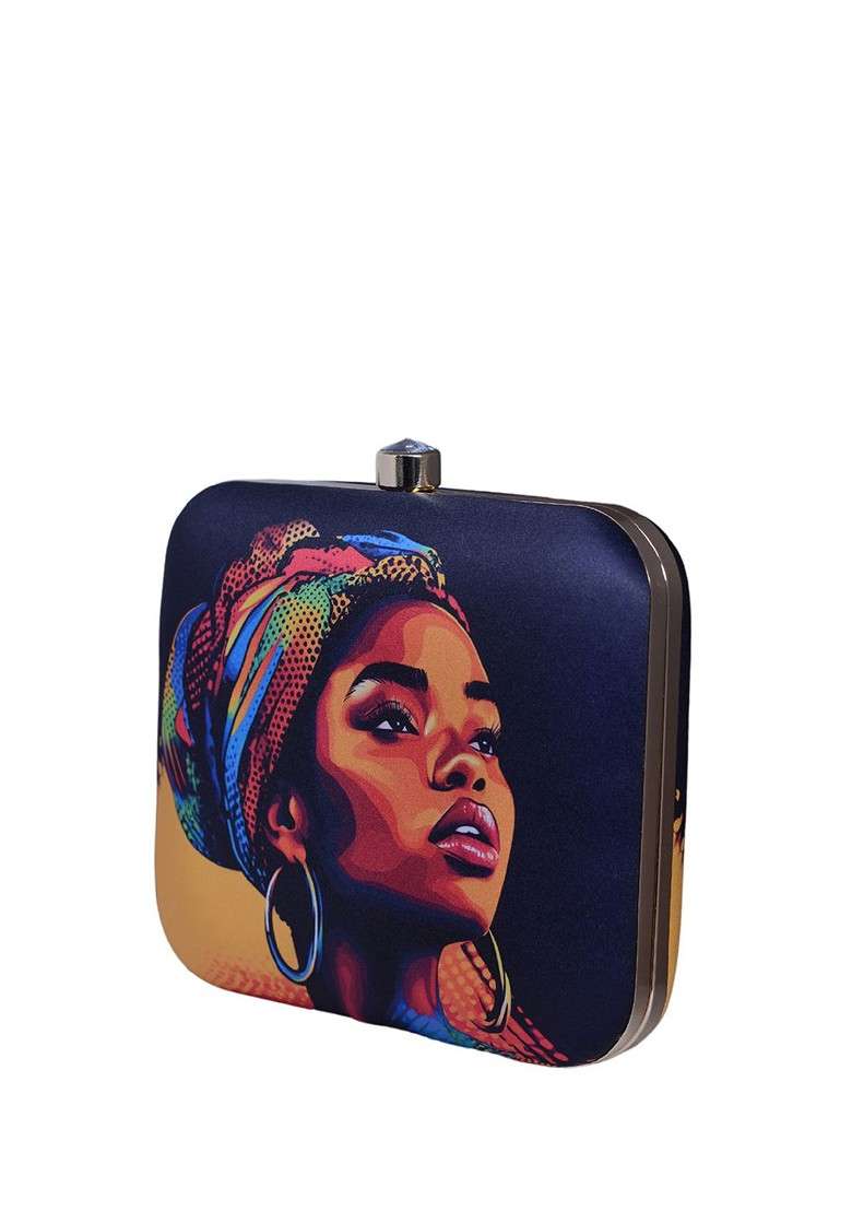 Blue Fabric Printed Box Clutch - Indya
