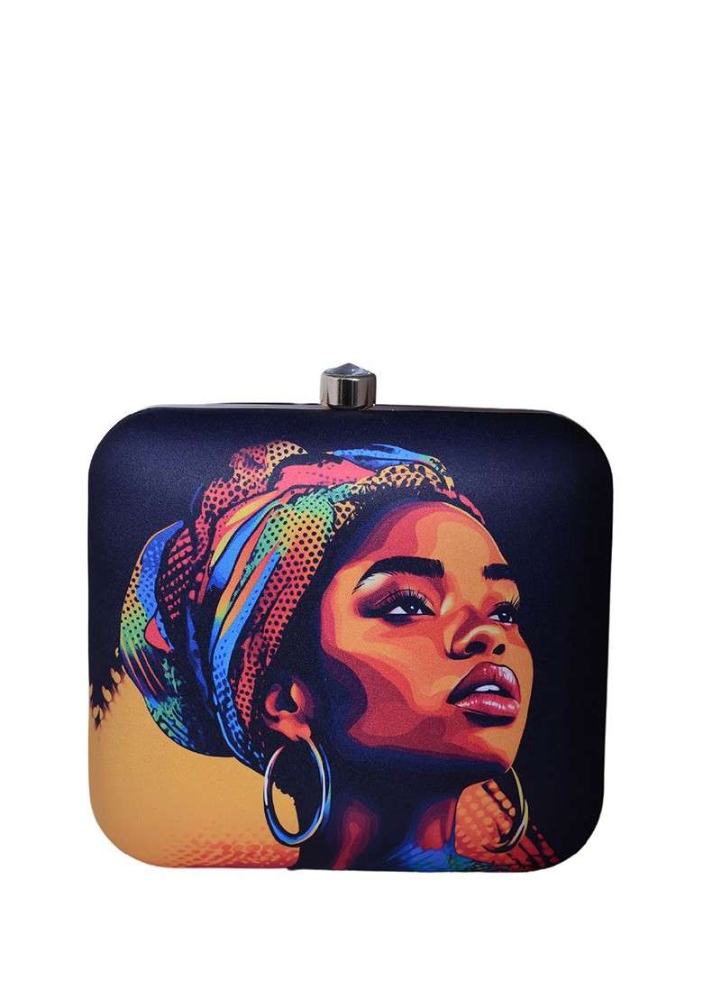 Blue Fabric Printed Box Clutch - Indya