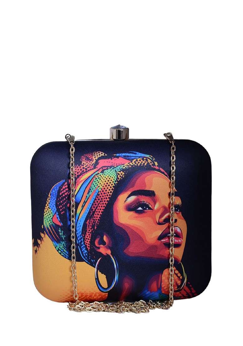 Blue Fabric Printed Box Clutch - Indya