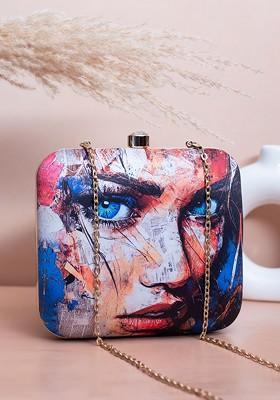 Blue Fabric Printed Box Clutch