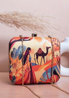 Beige Fabric Printed Box Clutch