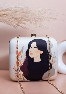 White Fabric Printed Box Clutch