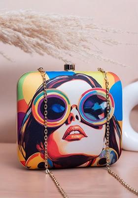 Blue Fabric Printed Box Clutch