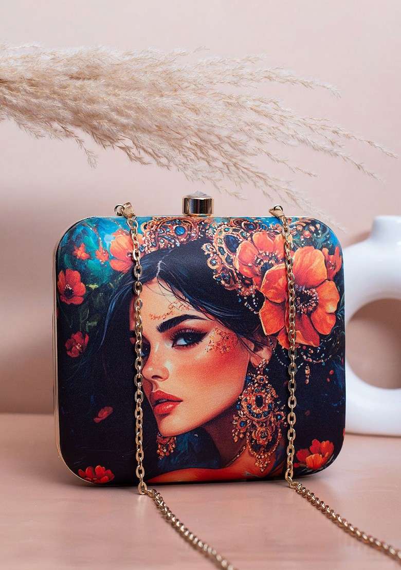 Blue Fabric Printed Box Clutch - Indya