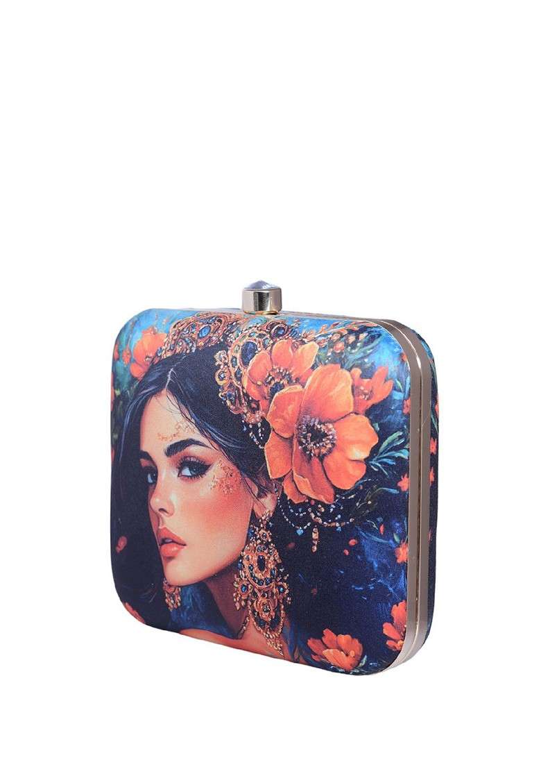 Blue Fabric Printed Box Clutch - Indya