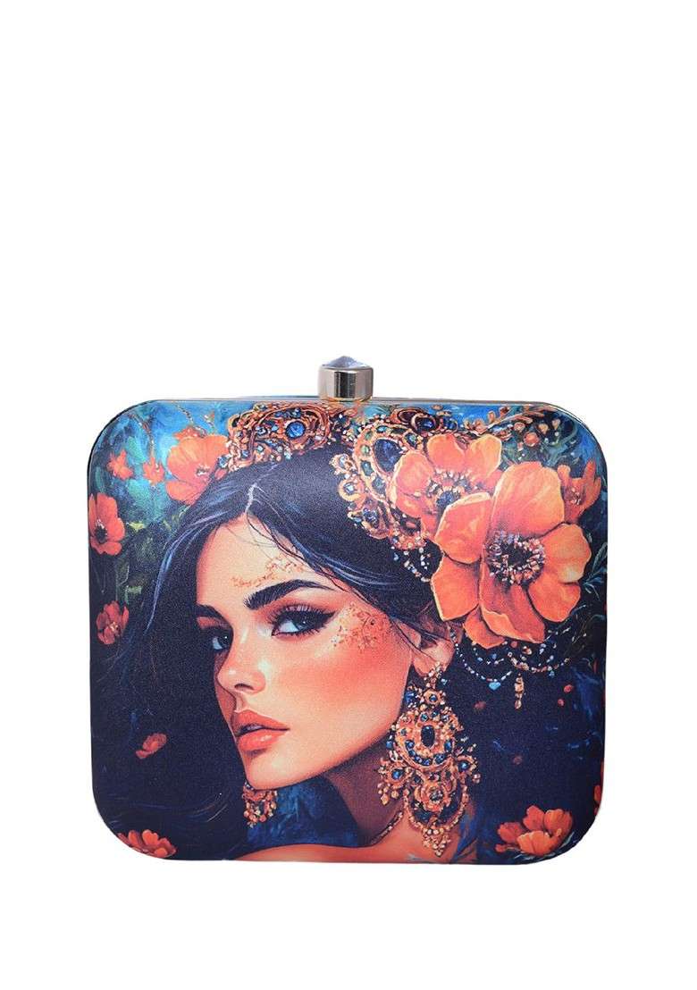 Blue Fabric Printed Box Clutch - Indya