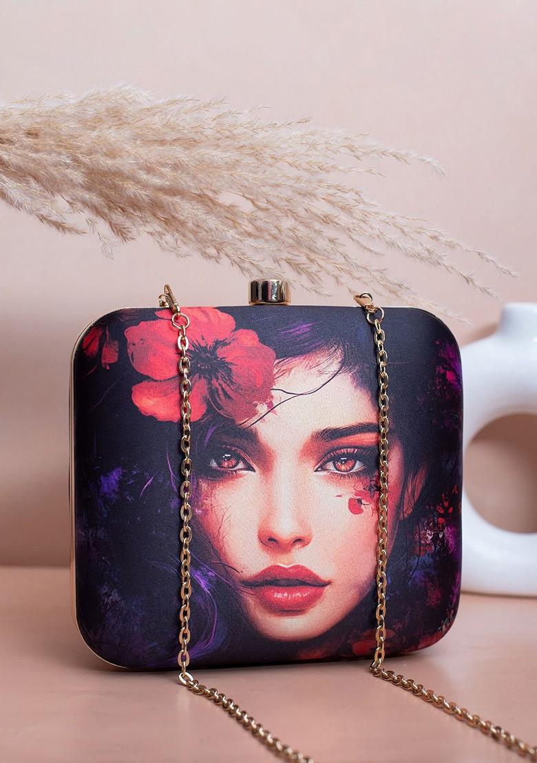 Black Fabric Printed Box Clutch - Indya