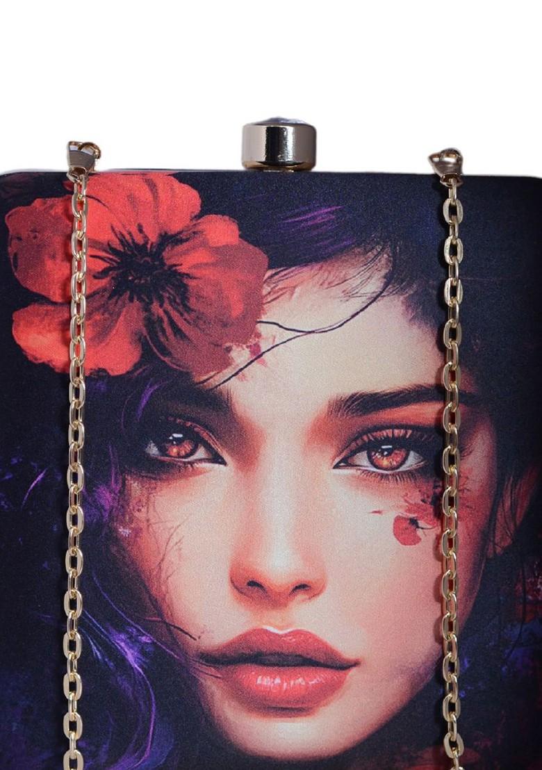 Black Fabric Printed Box Clutch - Indya