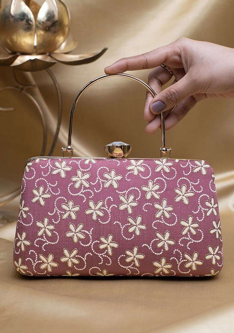 Lavender Satin Embroidered Box Clutch - Indya