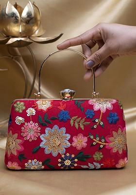 Red Satin Embroidered Box Clutch