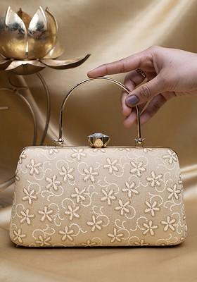 Beige Satin Embroidered Box Clutch