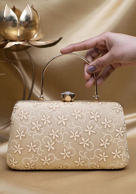 Beige Satin Embroidered Box Clutch