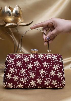 Maroon Satin Embroidered Box Clutch