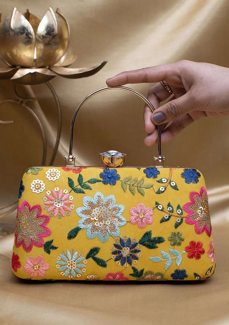 Yellow Satin Embroidered Box Clutch - Indya