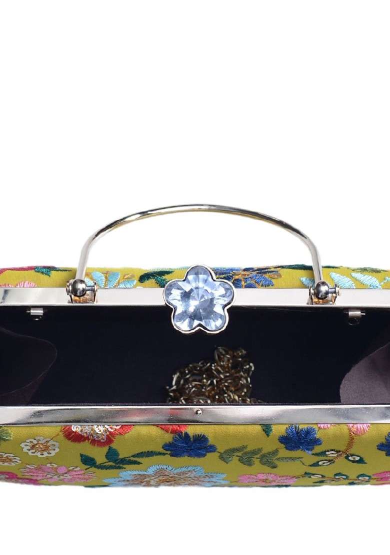 Yellow Satin Embroidered Box Clutch - Indya