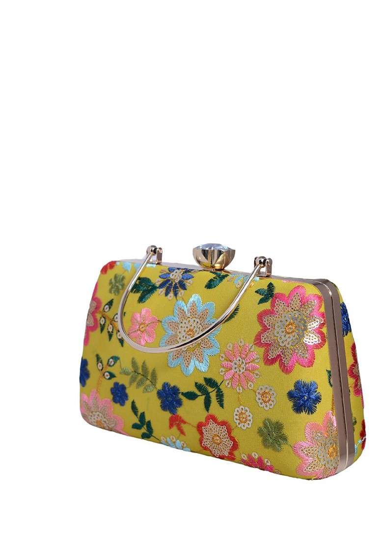 Yellow Satin Embroidered Box Clutch - Indya