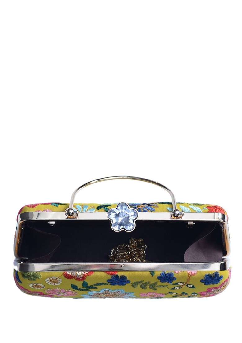 Yellow Satin Embroidered Box Clutch - Indya