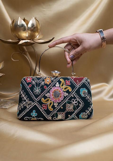 Black Satin Embroidered Box Clutch