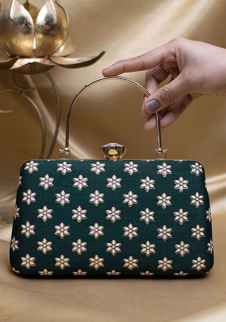 Green Satin Embroidered Box Clutch - Indya