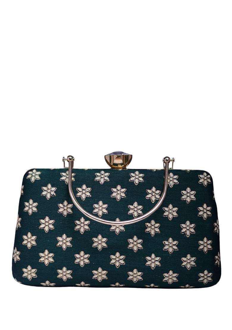 Green Satin Embroidered Box Clutch - Indya