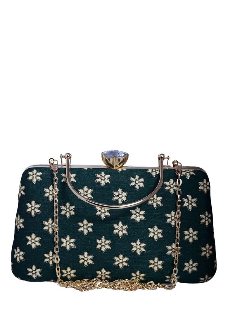 Green Satin Embroidered Box Clutch - Indya
