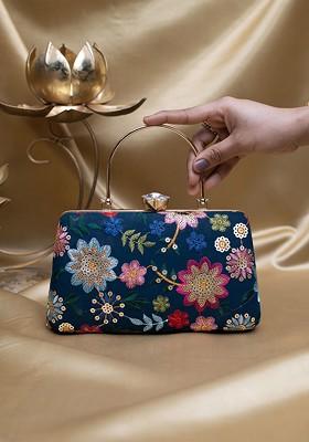 Blue Satin Embroidered Box Clutch