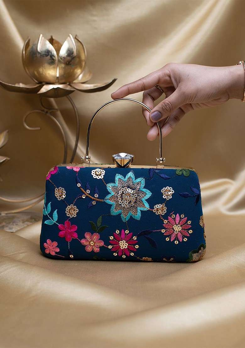 Blue Satin Embroidered Sequinned Box Clutch - Indya
