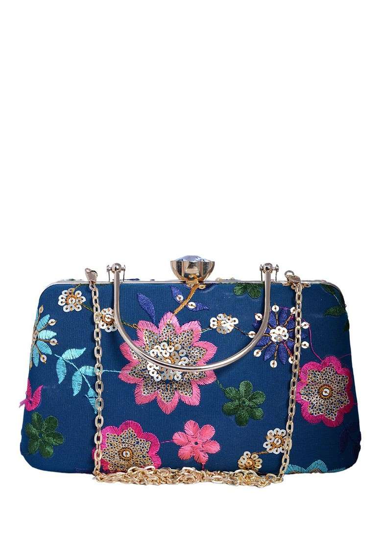 Blue Satin Embroidered Sequinned Box Clutch - Indya