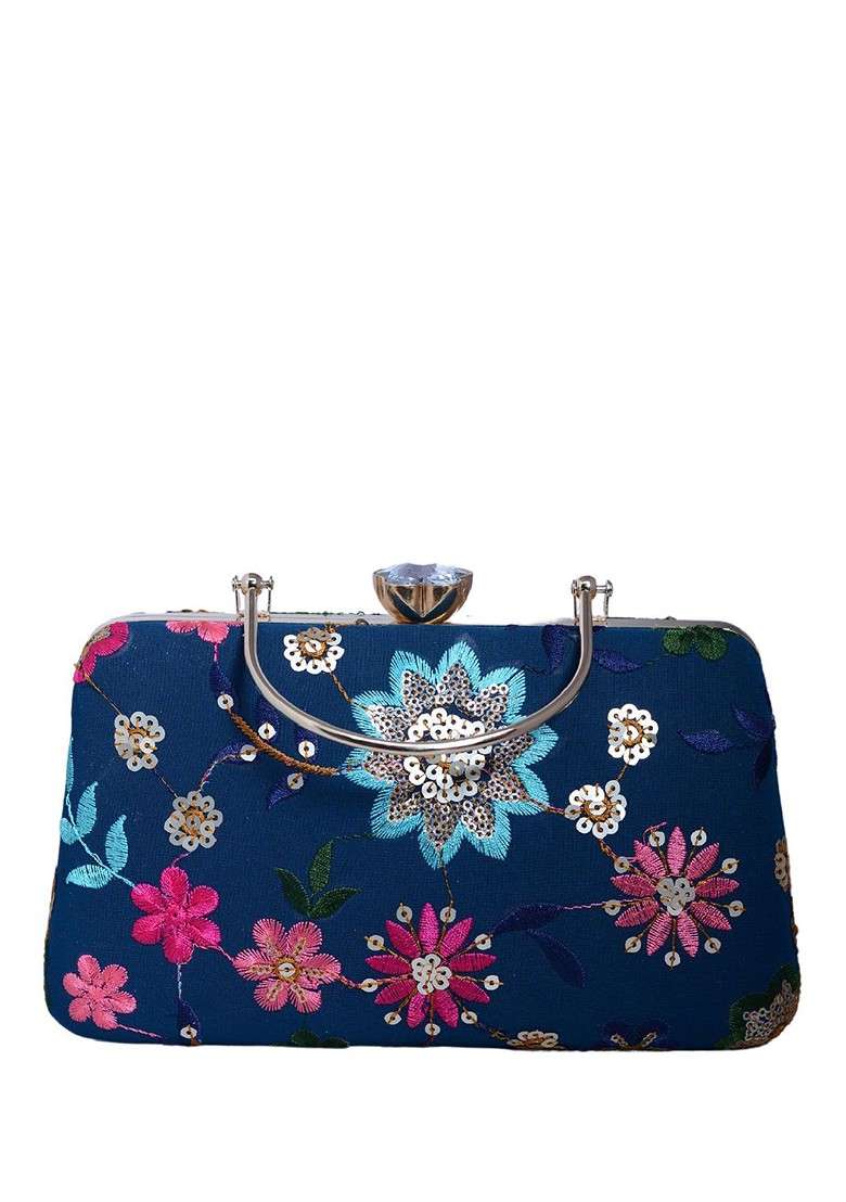 Blue Satin Embroidered Sequinned Box Clutch - Indya