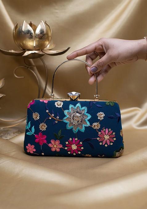 Blue Satin Embroidered Sequinned Box Clutch