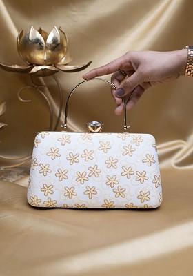 White Satin Embroidered Box Clutch