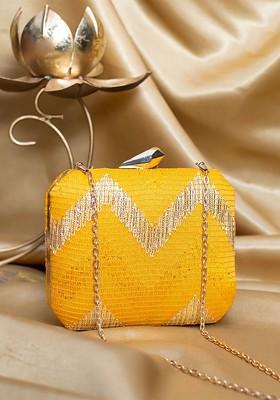 Yellow Satin Zig Zag Embroidered Box Clutch