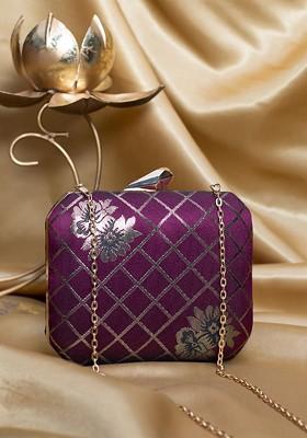 Purple Satin Floral Textured Box Clutch