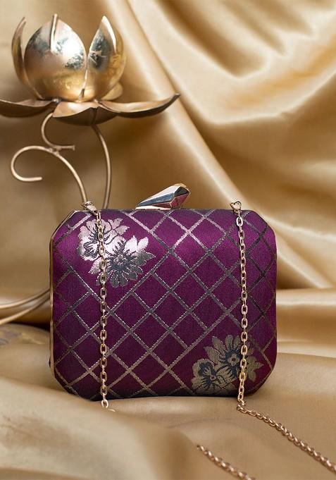 Purple Satin Floral Textured Box Clutch