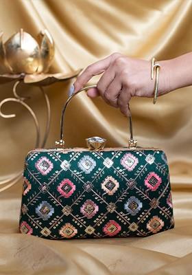 Green Satin Threadwork Embroidered Box Clutch