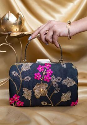 Black Satin Floral Embroidered Box Clutch