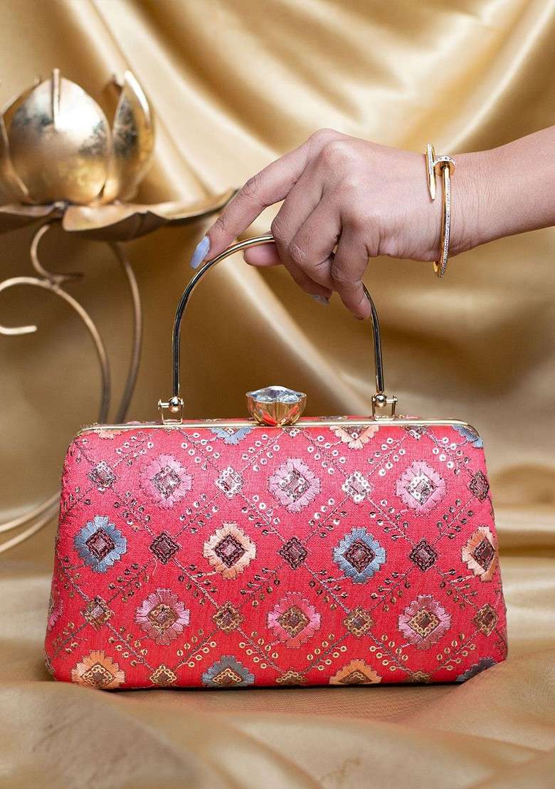 Red Satin Threadwork Embroidered Box Clutch - Indya