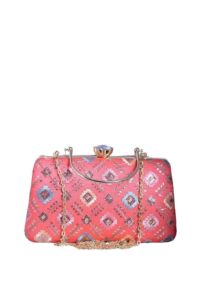 Red Satin Threadwork Embroidered Box Clutch - Indya