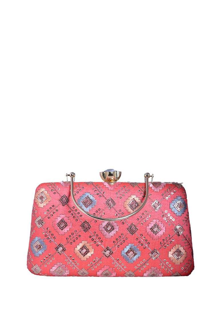 Red Satin Threadwork Embroidered Box Clutch - Indya