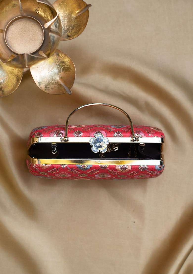 Red Satin Threadwork Embroidered Box Clutch - Indya