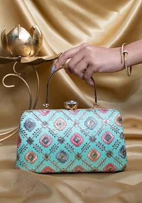 Blue Satin Threadwork Embroidered Box Clutch