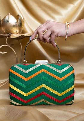 Green Satin Threadwork Embroidered Box Clutch