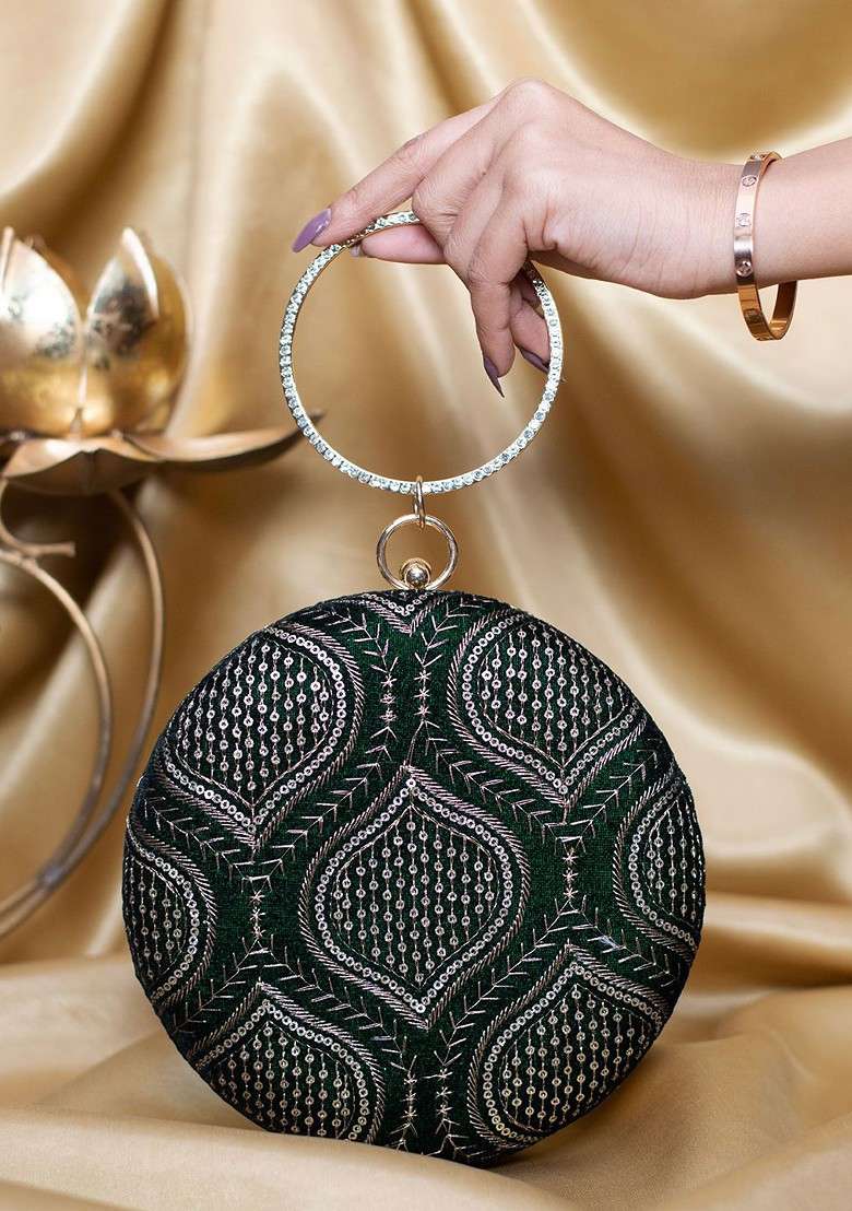 Green Satin Threadwork And Sequins Embroidered Box Clutch - Indya