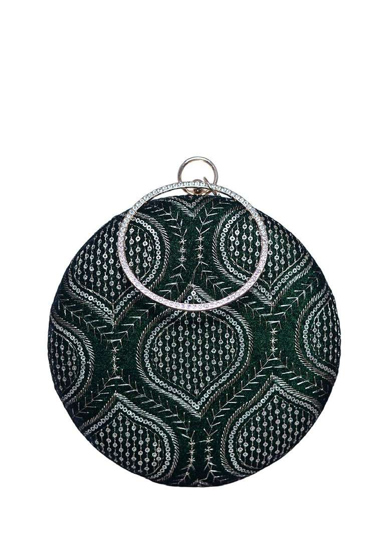 Green Satin Threadwork And Sequins Embroidered Box Clutch - Indya