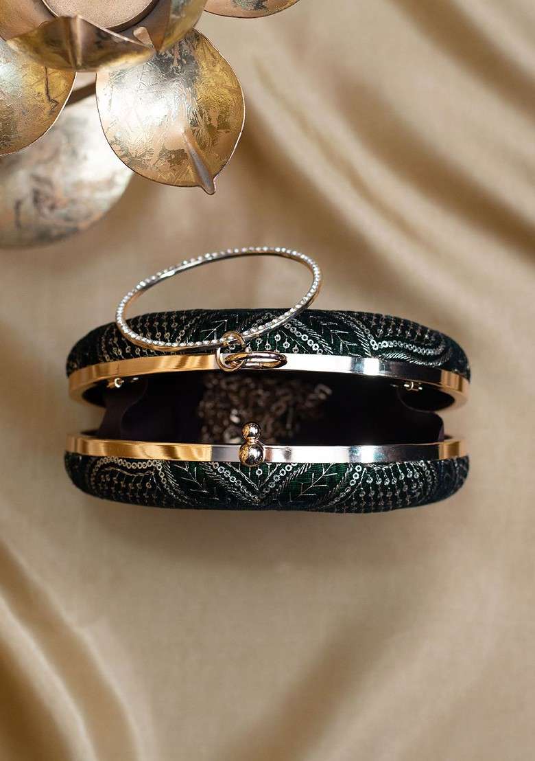 Green Satin Threadwork And Sequins Embroidered Box Clutch - Indya