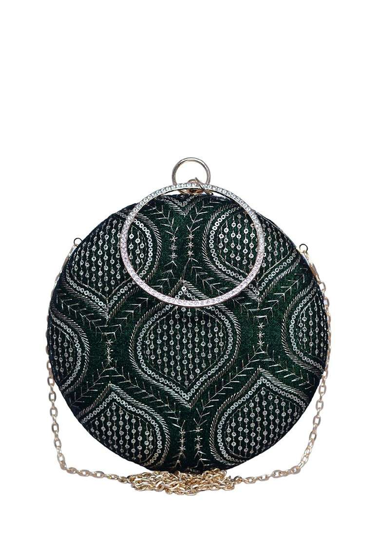Green Satin Threadwork And Sequins Embroidered Box Clutch - Indya