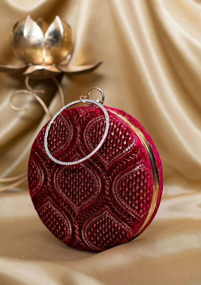 Maroon Satin Thread Work And Sequins Embroidered Box Clutch - Indya