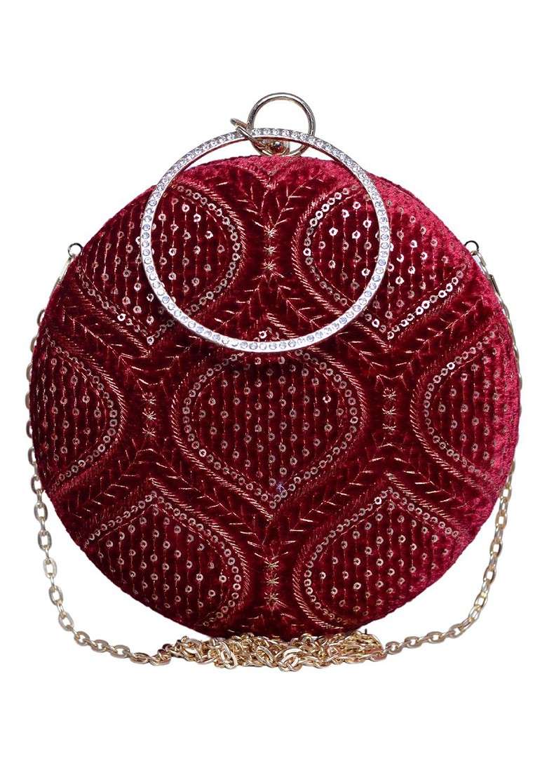 Maroon Satin Thread Work And Sequins Embroidered Box Clutch - Indya